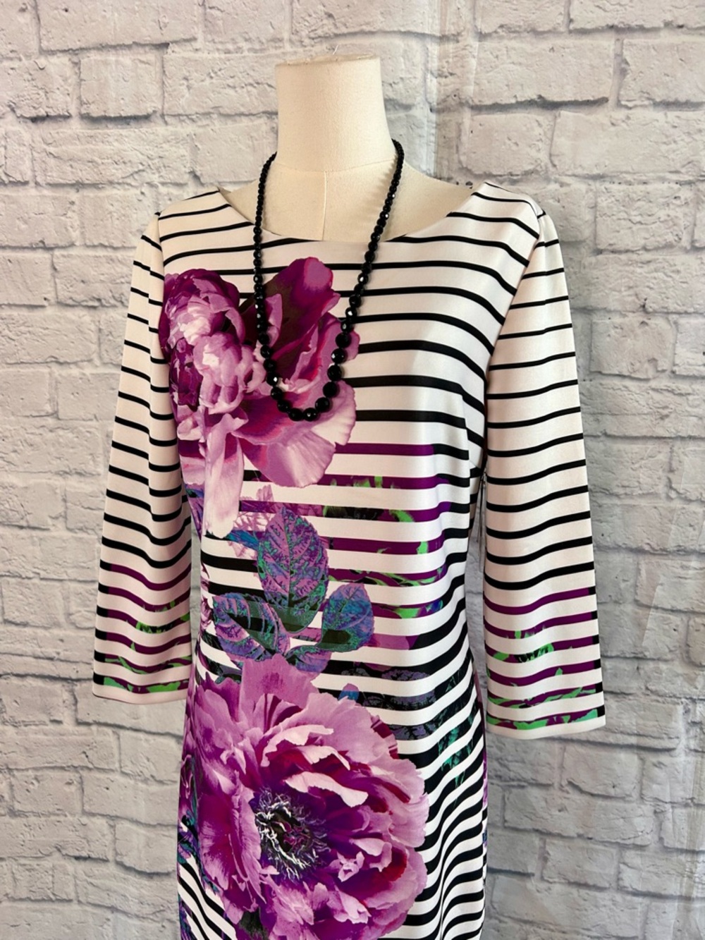 Beige by eci Black White Dress Striped Floral Midi Spring Maximalist Office - Picture 3 of 13